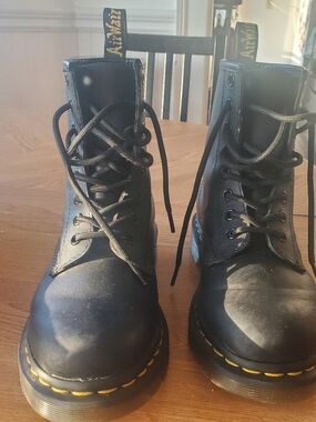 Dr. Martens Black Leather Combat Boots with Yellow Stitching